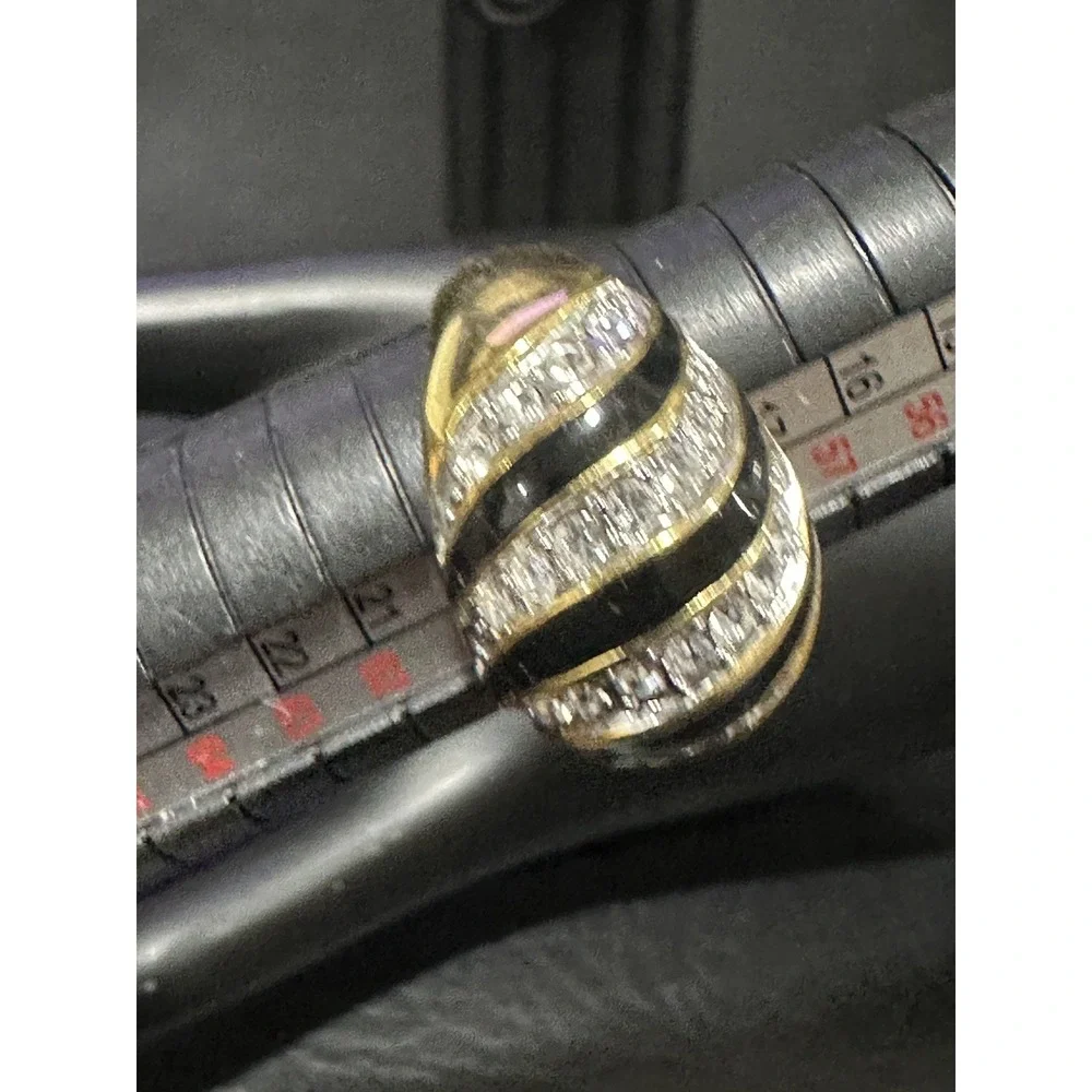 Black Enamel Clear Rhinestone Swirl Design Statement‎ Ring Gold Tone Sz 9 EDCO